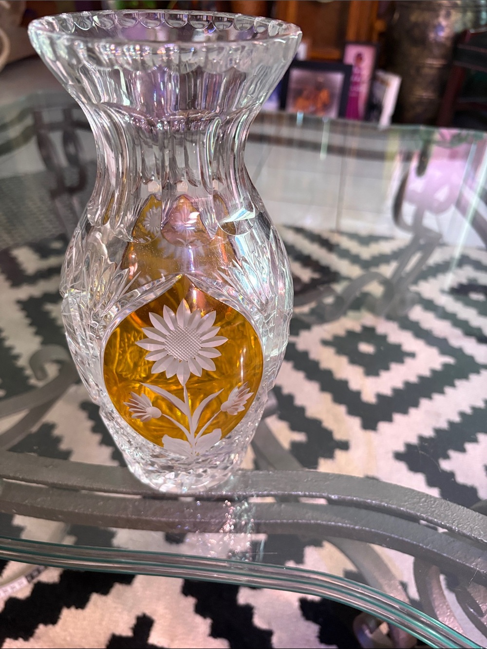 Clear and Amber Cut Glass Floral Vase - Unbranded